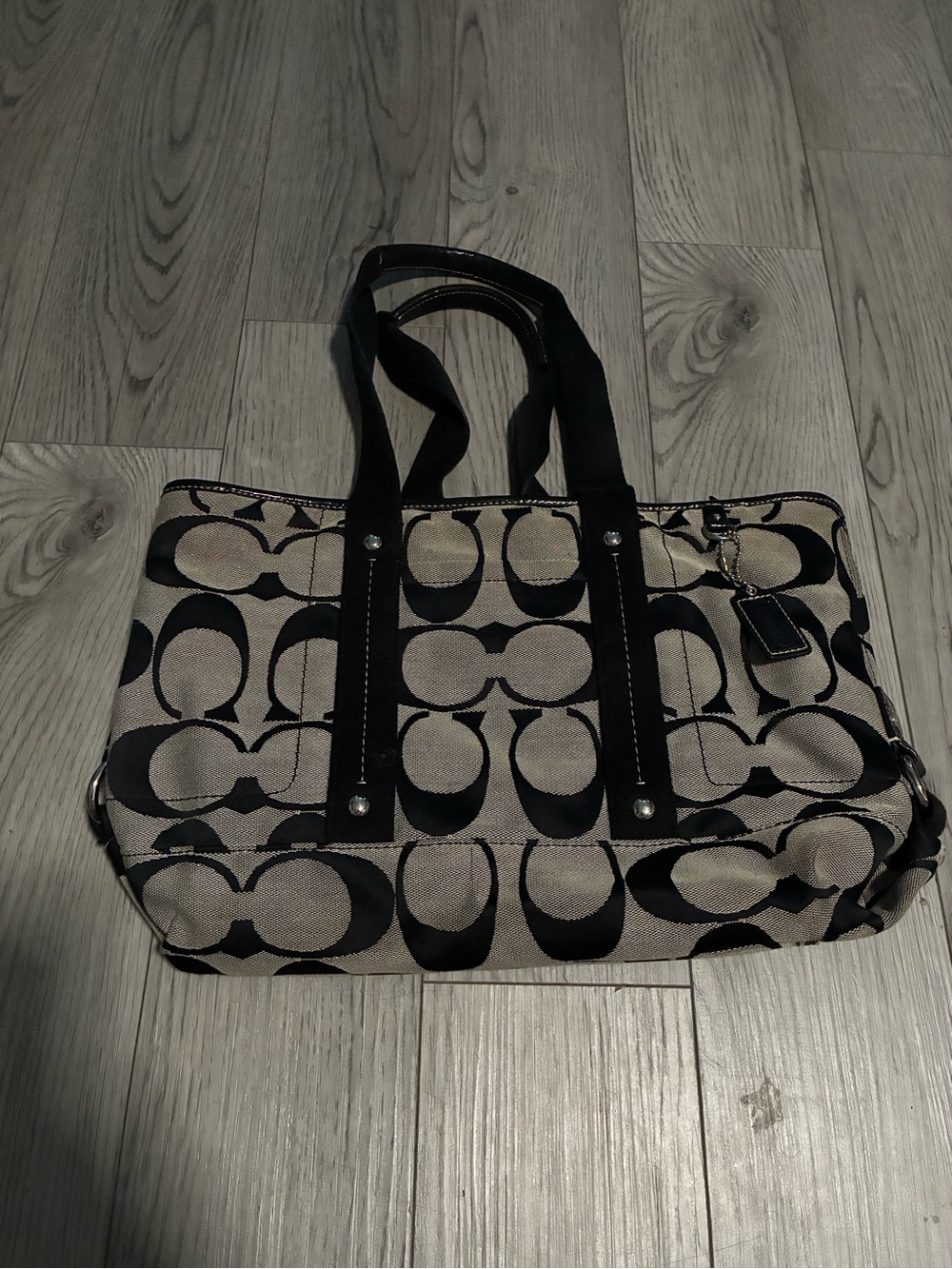 Coach Khaki and Black Signature Canvas Tote